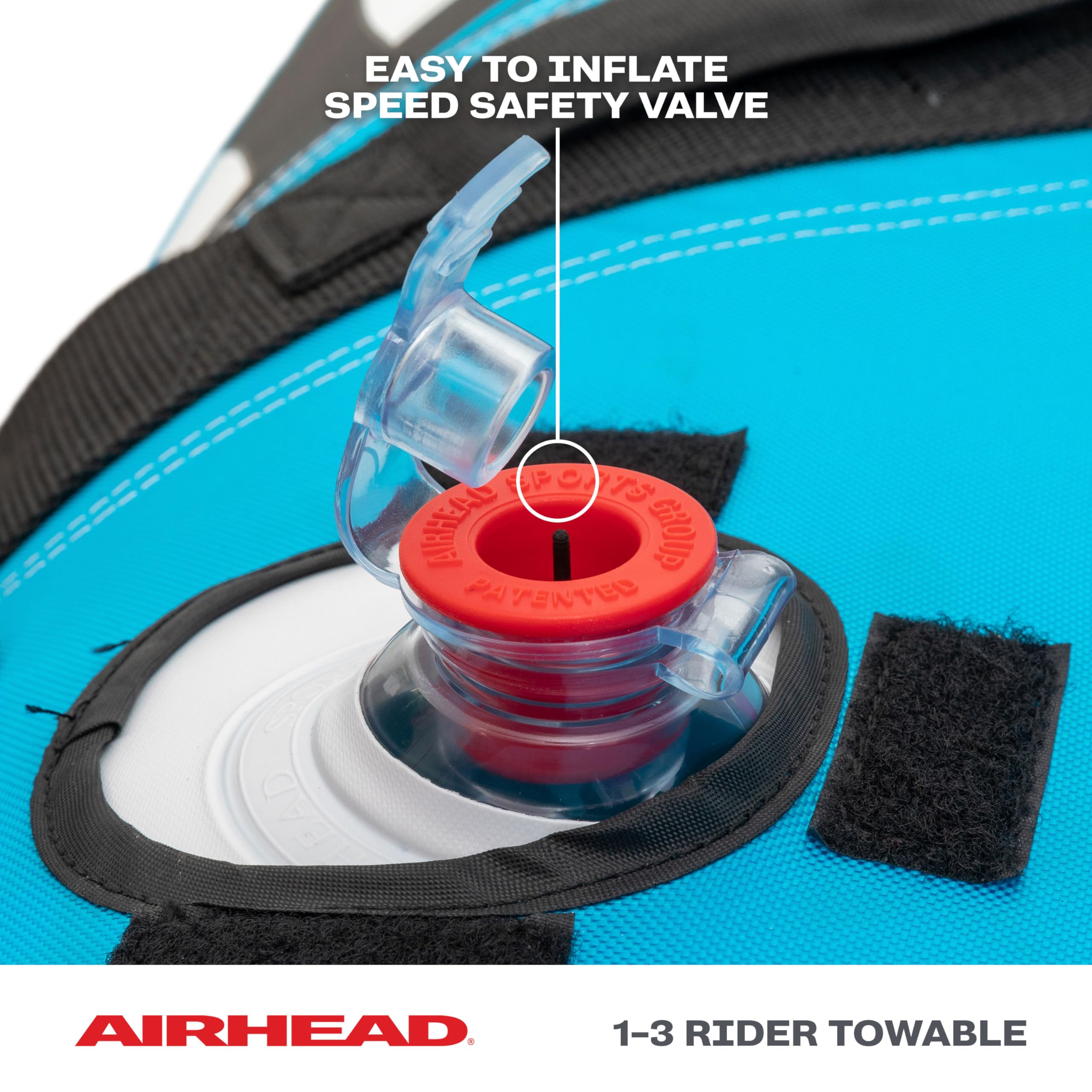 Airhead Booyah 2-3 Rider Towable Tube for Boating and Water Sports - Kwik-Connect Tow System, Full Nylon Cover, Bolster Fins, Patented Speed Valve - Image 6