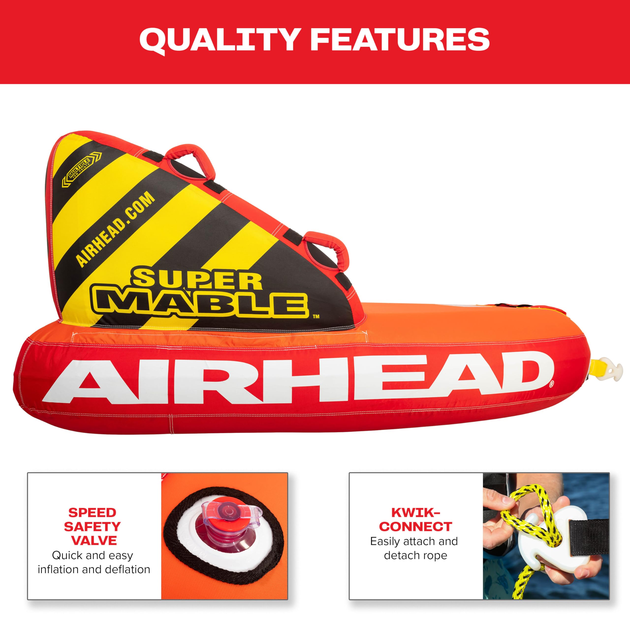 Airhead Mable Towable Tube for Boating, 1-4 Rider Inflatable Boat Tube for Water Tubing, Heavy Duty Full Nylon Cover, EVA Foam Pads, Dual Tow Point, Patented Speed Safety Valve - Image 4