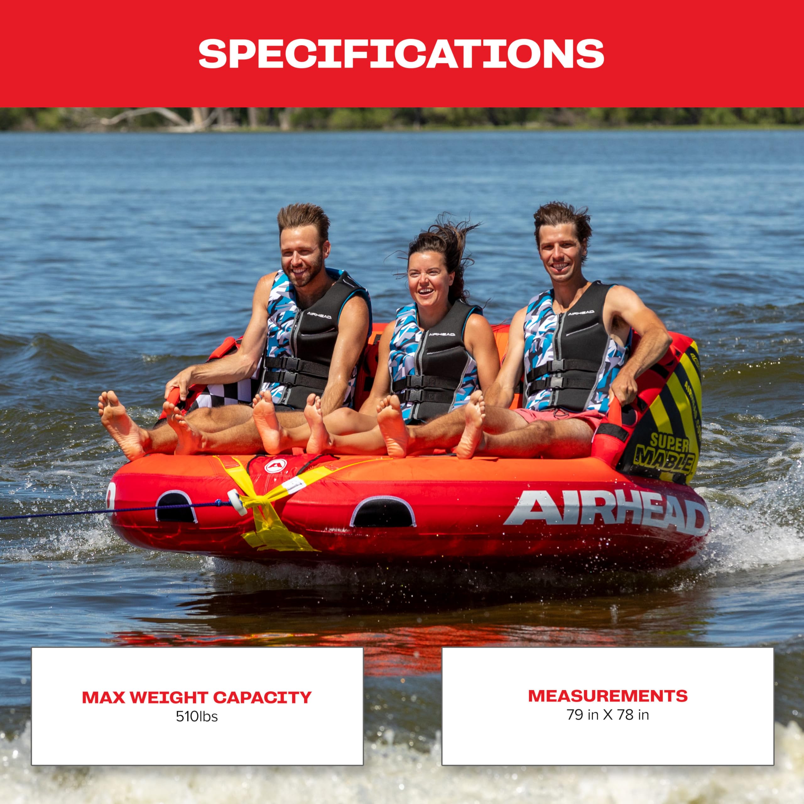 Airhead Mable Towable Tube for Boating, 1-4 Rider Inflatable Boat Tube for Water Tubing, Heavy Duty Full Nylon Cover, EVA Foam Pads, Dual Tow Point, Patented Speed Safety Valve - Image 5
