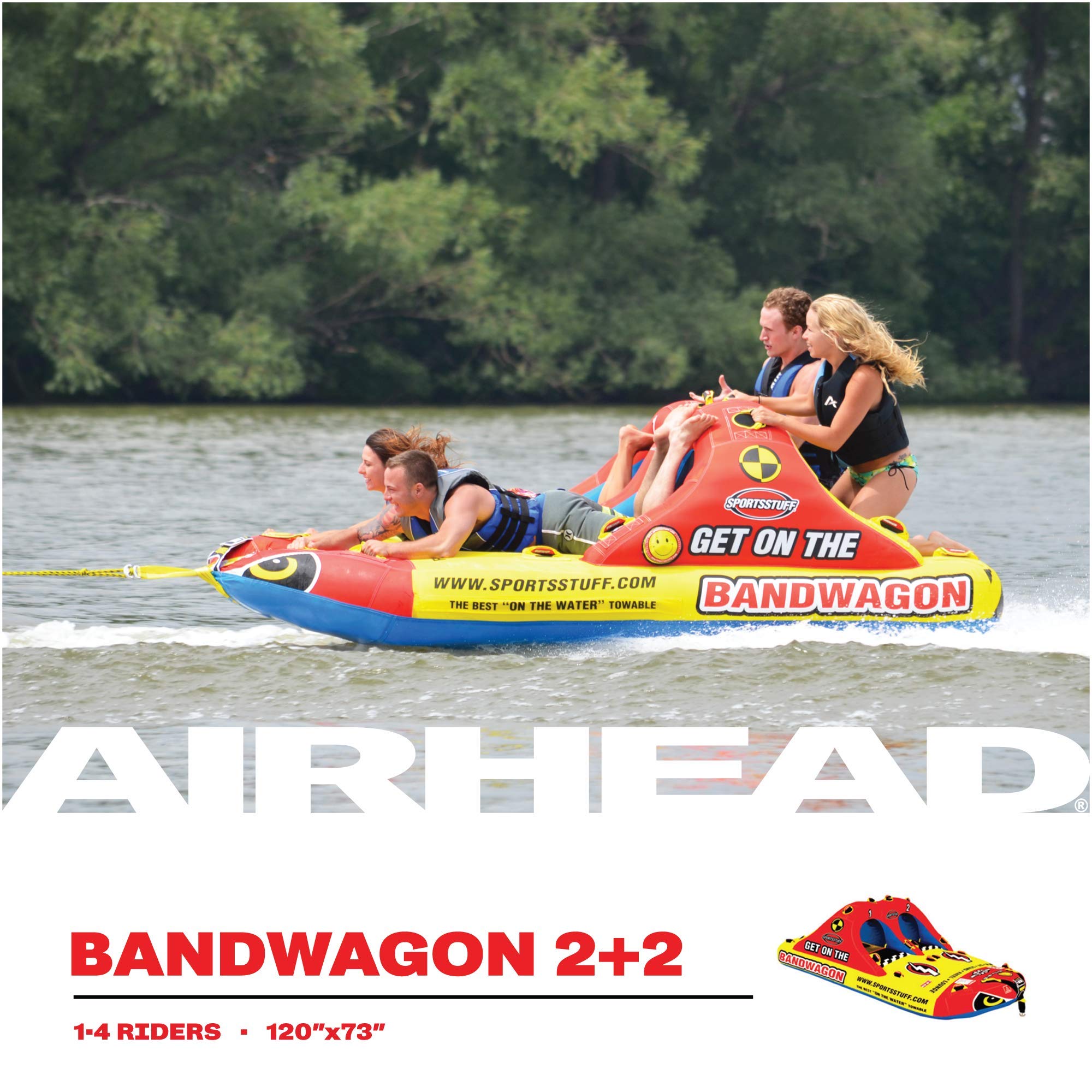 SportsStuff Bandwagon 2+2 Towable 1-4 Rider Tube for Boating and Water Sports, Kwik-Connect Tow, Heavy-Duty Full Nylon Cover & EVA Padding - Image 3