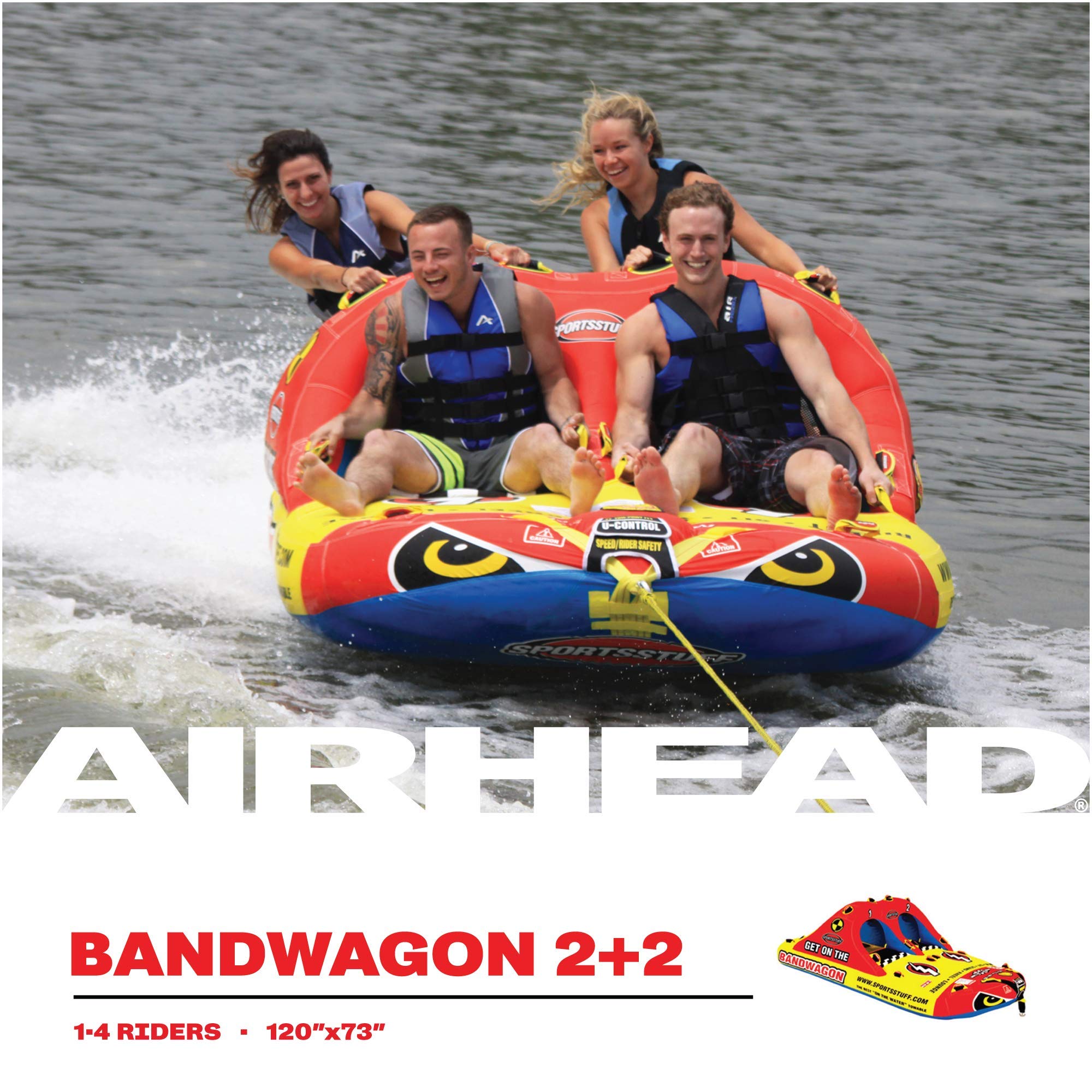 SportsStuff Bandwagon 2+2 Towable 1-4 Rider Tube for Boating and Water Sports, Kwik-Connect Tow, Heavy-Duty Full Nylon Cover & EVA Padding - Image 4