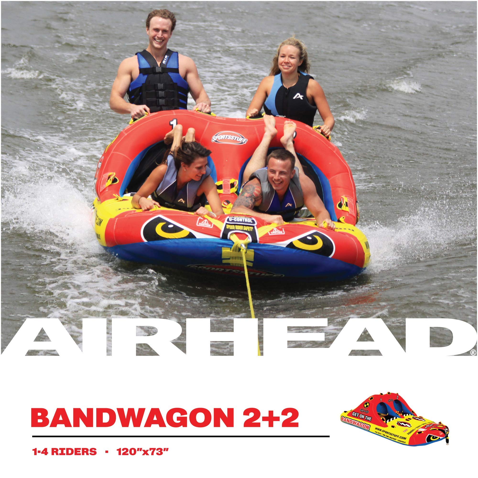 SportsStuff Bandwagon 2+2 Towable 1-4 Rider Tube for Boating and Water Sports, Kwik-Connect Tow, Heavy-Duty Full Nylon Cover & EVA Padding - Image 5