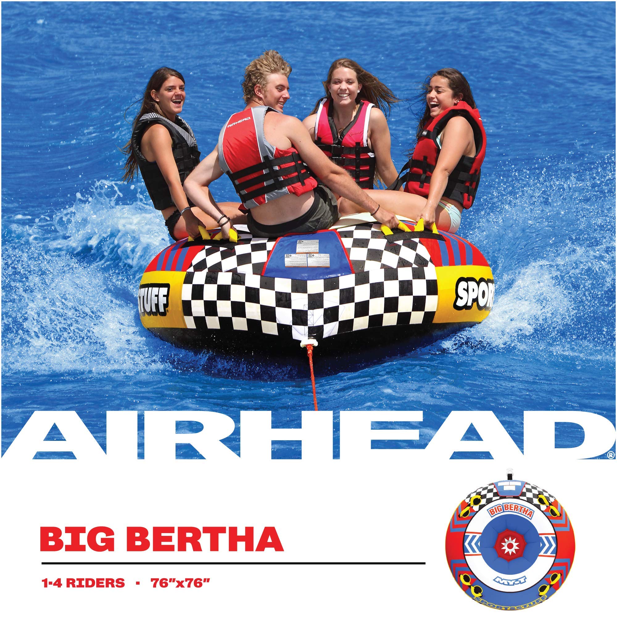 SportsStuff Big Bertha Towable 1-4 Rider Tube for Boating and Water Sports, Kwik-Connect Tow, Double-Stiched Partial Nylon Cover & Patented Speed Safety Valve for Easy Inflating & Deflating - Image 3